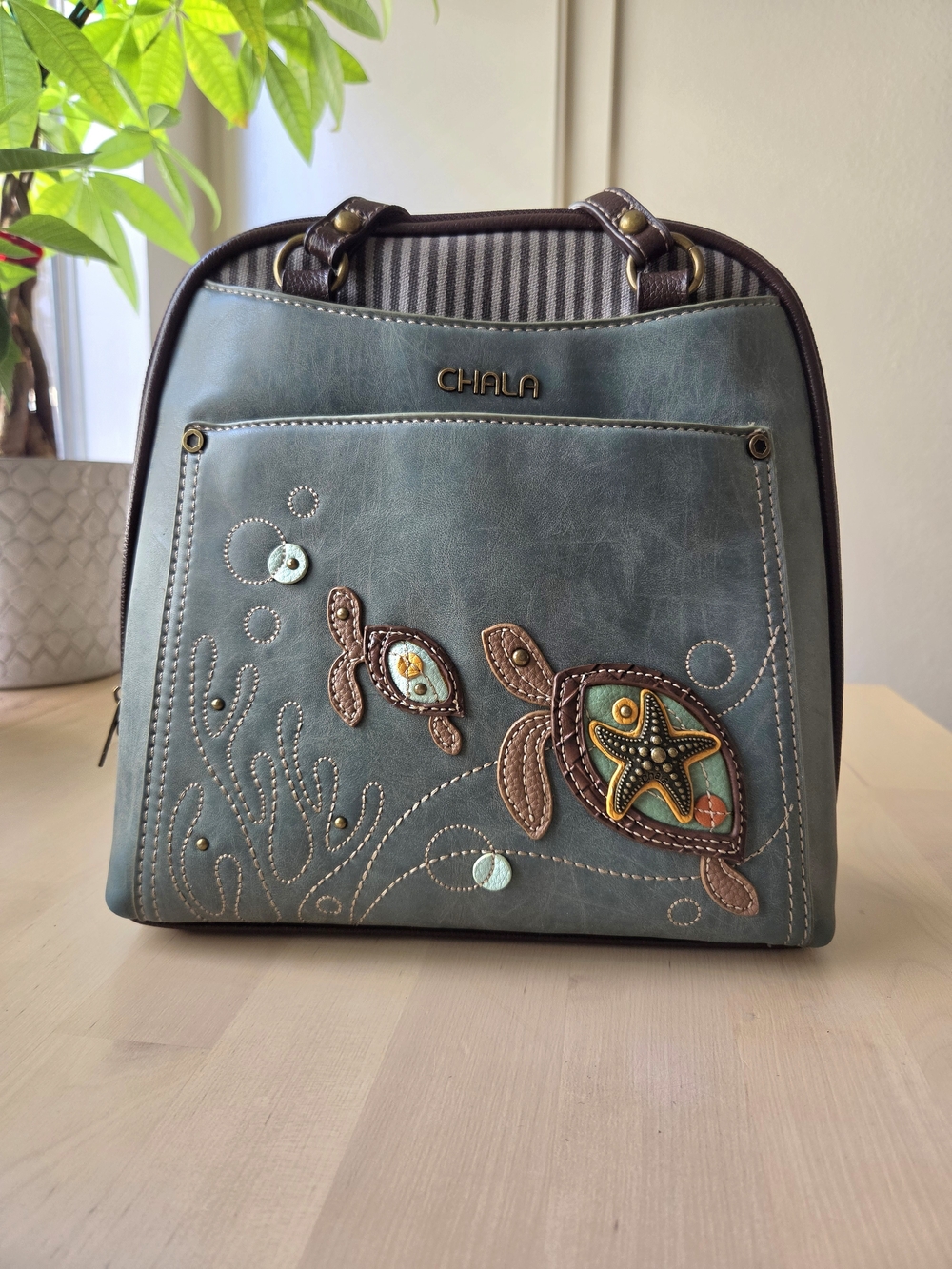 CHALA INDIGO BLUE SEA TURTLE CONVERTIBLE BACKPACK PURSE FAUX LEATHER CANVAS